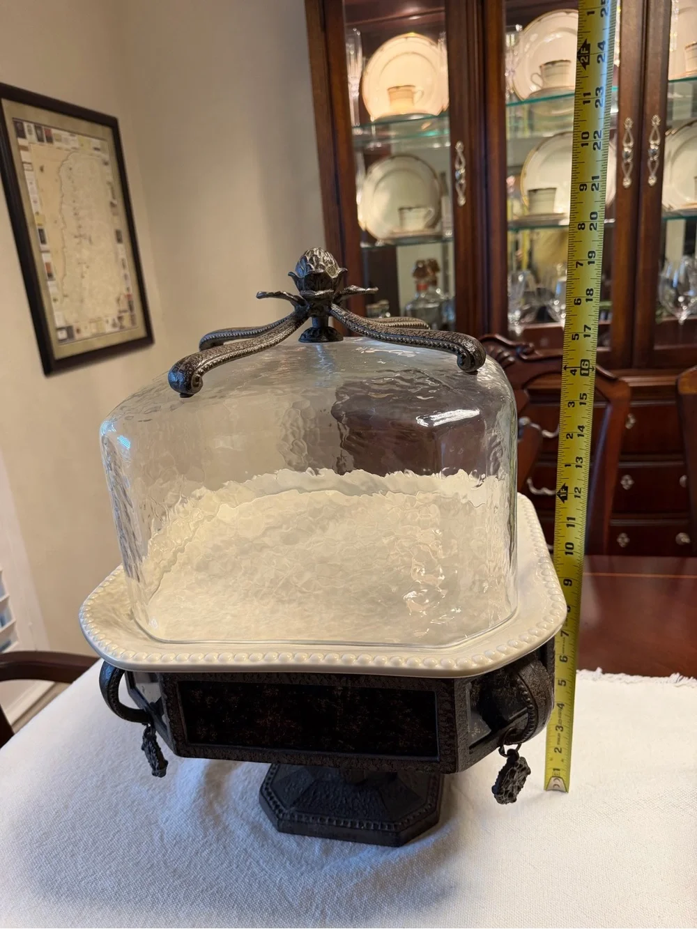 GG Collection Glass Dome Cake Stand with White Platter and Dark Metal Base